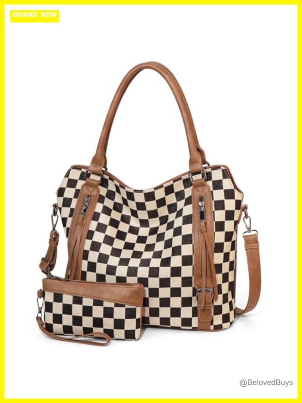 PU leather canvas checkered tote bag